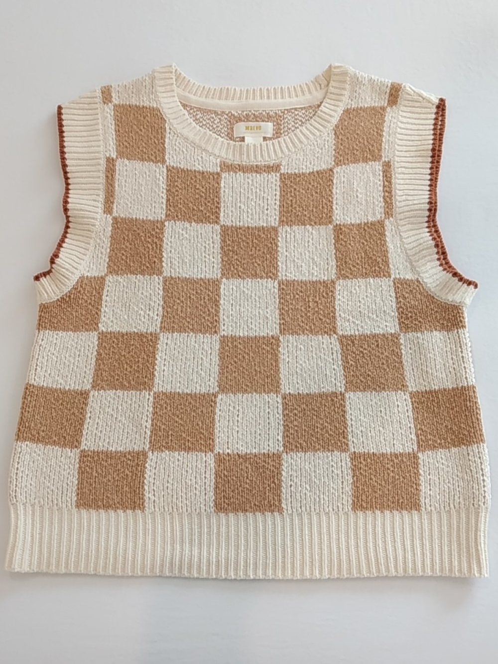 Anthropologie Checkered Knit Vest Cream, Tan, Rust Trim Cozy Cabincore Small